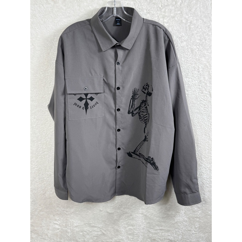 ROMWE Skeleton Button Down Shirt Heart and Soul Graphic Print Mens‎ Large